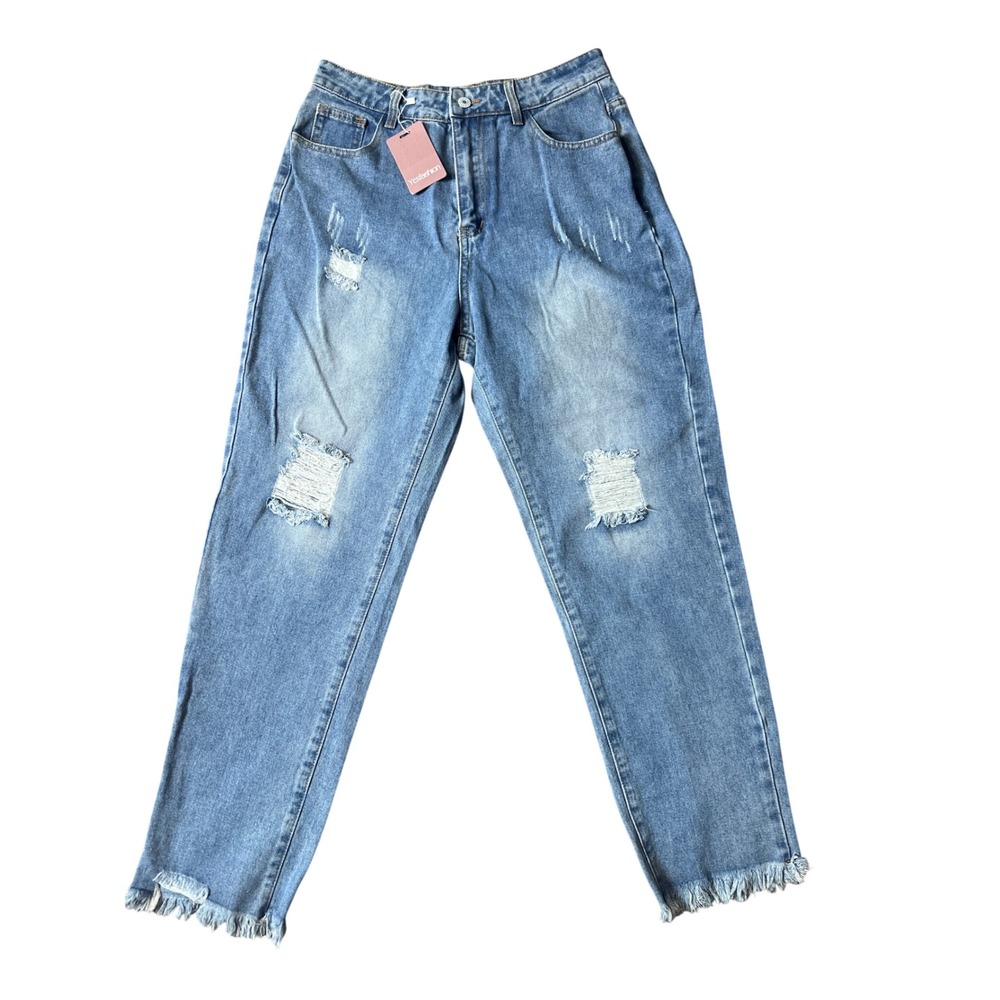 Yesfashion Womens Distressed Straight Leg Jeans Light Wash Frayed Hem Size M